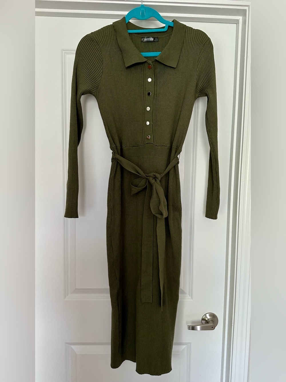 Olive Ribbed Collared Long-Sleeve Tie-Waist Light Weight Sweater Dress